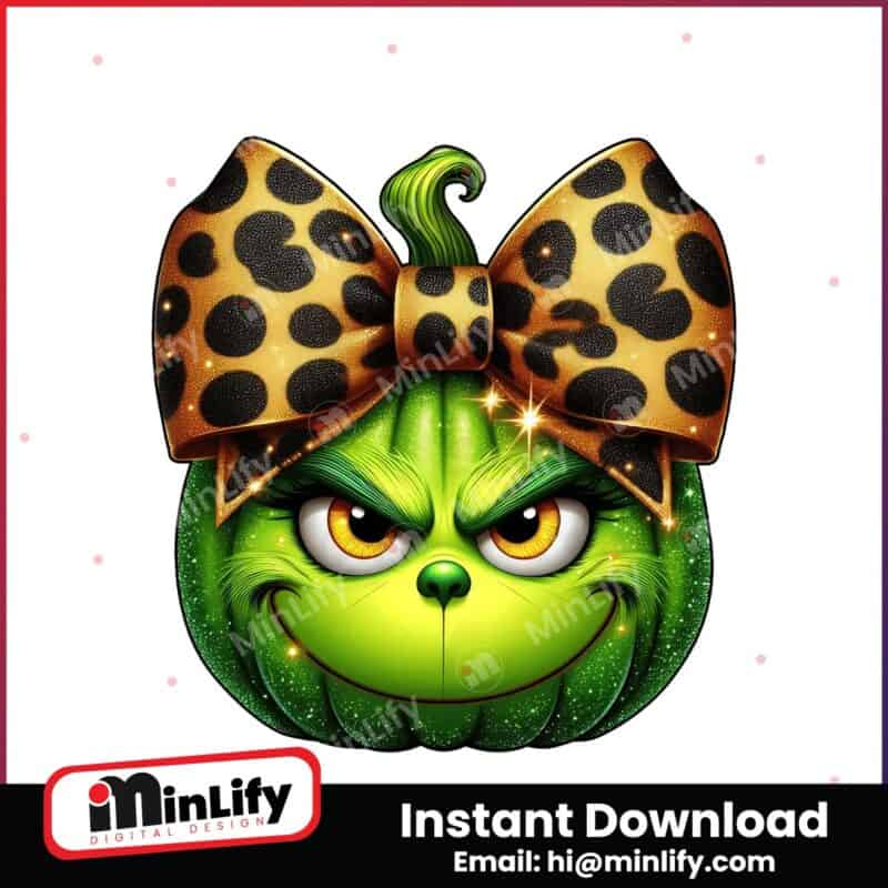 pumpkin-grinch-head-glitter-leopard-coquette-bow-png