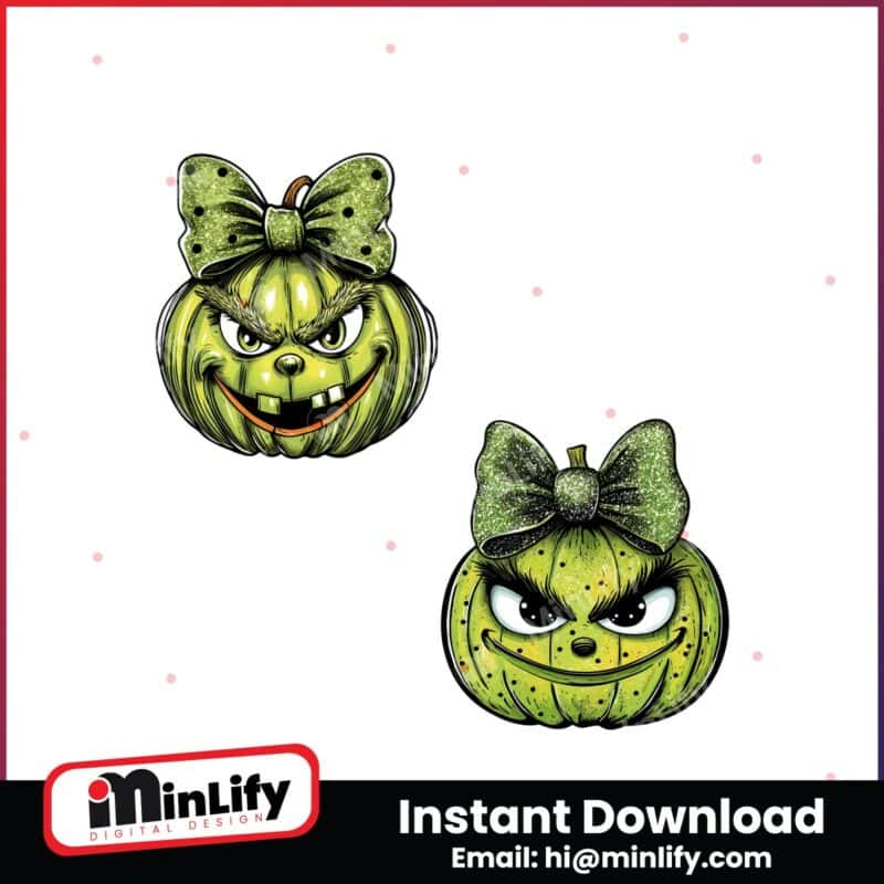 glitter-grinch-pumpkin-funny-christmas-green-coquette-bow-png