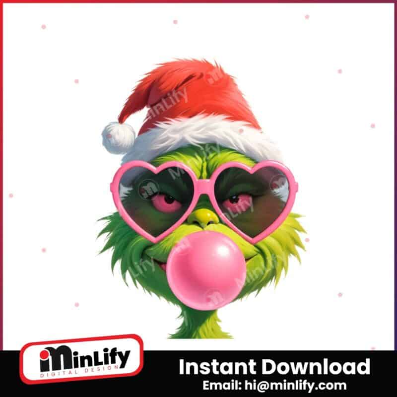 pink-christmas-grinch-blowing-bubble-heart-sunglasses-png-sublimation