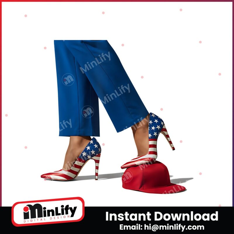 kamala-harris-with-america-flag-high-heels-stepping-on-red-hat-svg